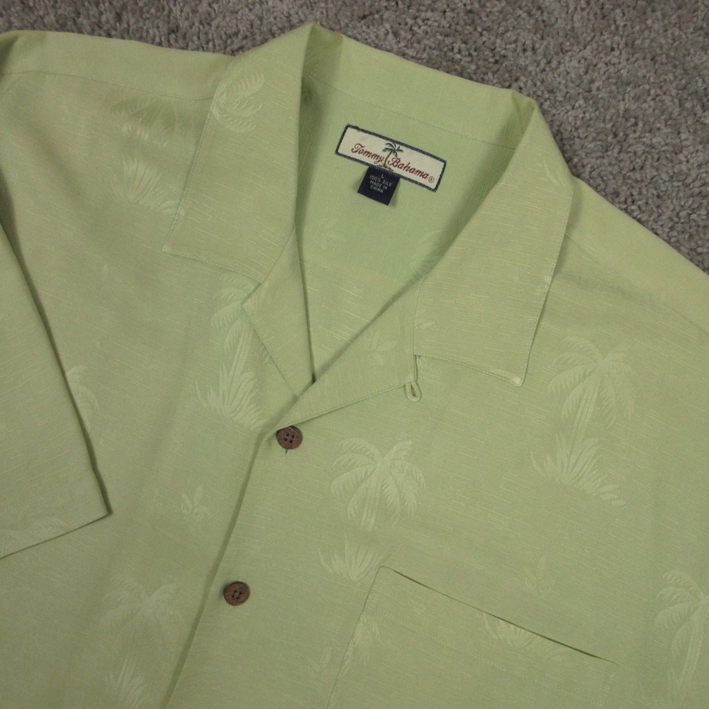 Tommy Bahama Shirt Mens‎ Large Green Floral Textured Lopp Collar Silk Hawaiian